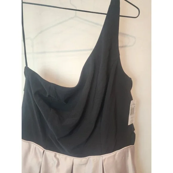 Blondie Nites One Shoulder Cocktail Dress Black Champagne Satin Teens 11 NWT - Picture 2 of 11